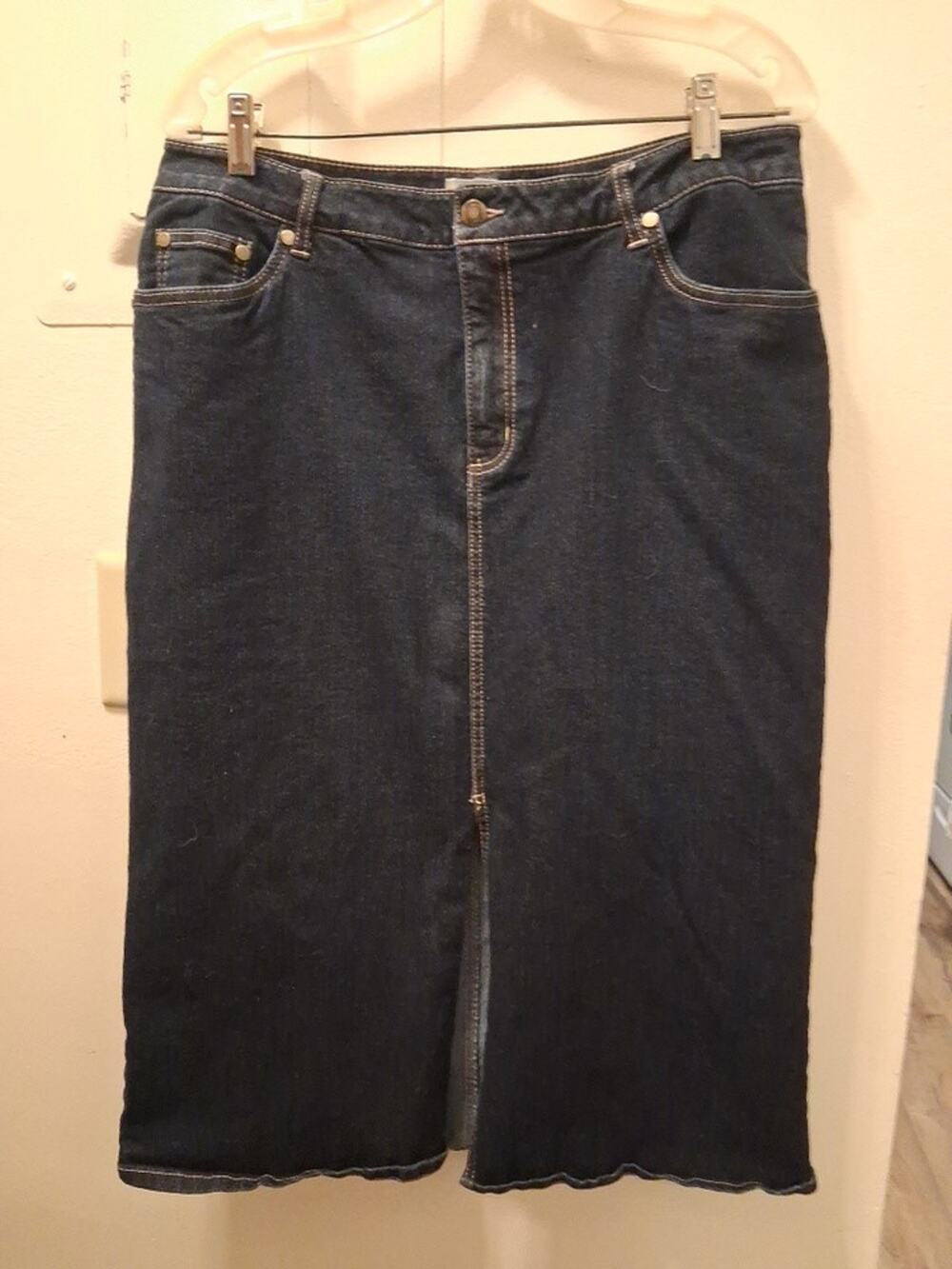 Woman Within Denim Skirt Women's 14W Petite Dark Blue Front Slit Midi Stretch